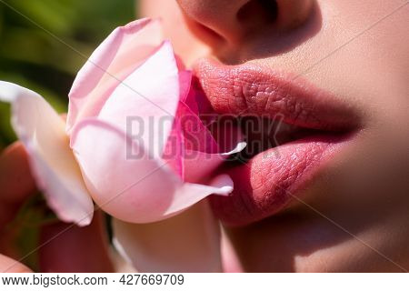 Closeup Beautiful Woman Lips With Natural Lipstick. Open Mouth With Rase. Cosmetology, Fashion Makeu
