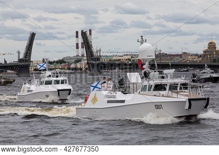 July 22, 2021, Russia, St. Petersburg. Rehearsal Of The Main Naval Parade. The Boat President Vladim