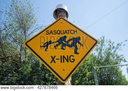 Polebridge, Montana - July 2, 2021: Funny Sign For A Sasquatch Bigfoot Crossing On A Sunny Day