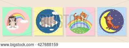 Cute Posters With Little Hedgehog, Red Panda, Hippopotamus, Tiger. Nursery Wall Art For Baby Boy And