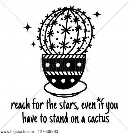 Cute Cartoon Cactus Vector Illustration. A Hand-drawn Black Outline Of A Potted Houseplant. Succulen