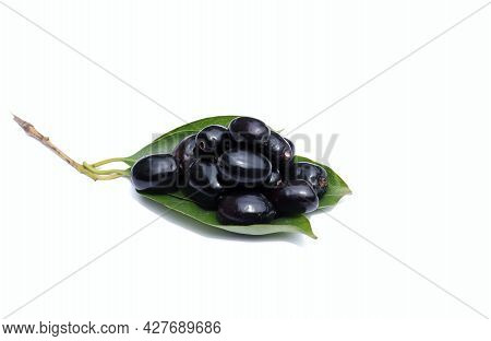 Jamun Or Black Plum Isolated On White Background With Leaves, Also Known As Malabar Plum Or Jambolan
