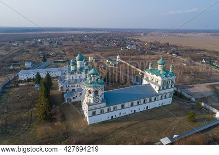 Above The Ancient Churches Of The Nikolo-vyazhishchsky Monastery In April. Vyazhishchi. Novgorod Reg