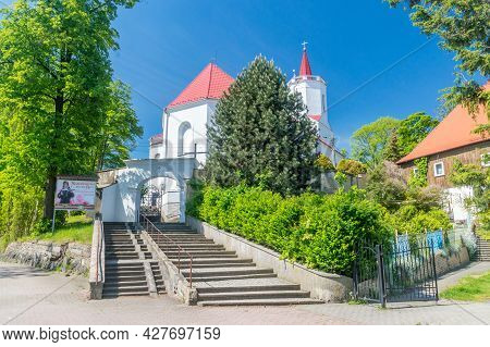 Bogatynia, Poland - June 2, 2021: Entrance Stairs To Saints Peter And Paul Church.