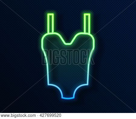 Glowing Neon Line Summer Beach Swimsuit Icon Isolated On Blue Background. Beach Women Fashion. Vecto