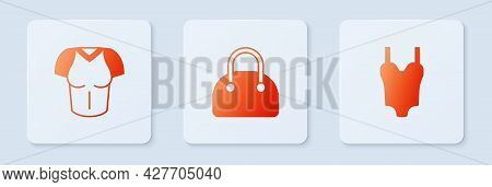 Set Handbag, T-shirt And Swimsuit. White Square Button. Vector