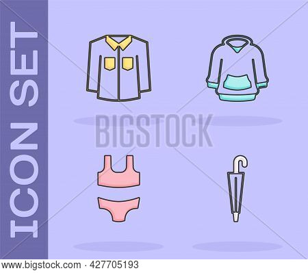 Set Umbrella, Shirt, Swimsuit And Hoodie Icon. Vector