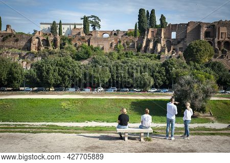 Rome, Italy - October 2019: View Of The Palatine Hill, Centre Of Roman Empire In Ancient Rome From A