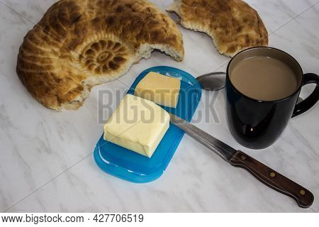 Morning Coffee With Milk, Butter And Cheese