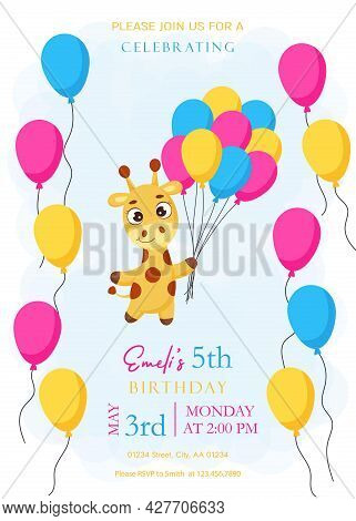 Event Template With Cute Little Giraffe Flying On Balloons. Happy Birthday Printable Party Invitatio