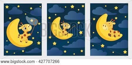 Cute Little Giraffe Sleeping On Moon In Night Sky Collection Card Template. Cartoon Character For Ki