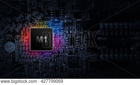 M1 Processor Chip. Network Digital Technology With Computer Cpu Chip On Dark Motherboard Background.