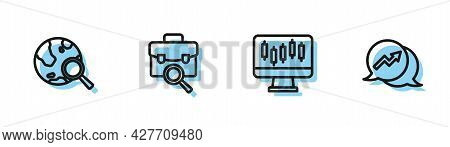 Set Line Stocks Market Growth Graphs, Search Globe, Work Search And Financial Icon. Vector