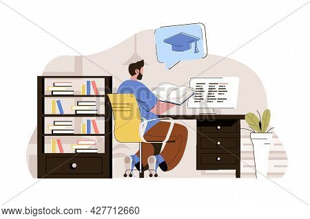 University Education Concept. Student Reads Book, Preparing For Final Exams Situation. Graduation An