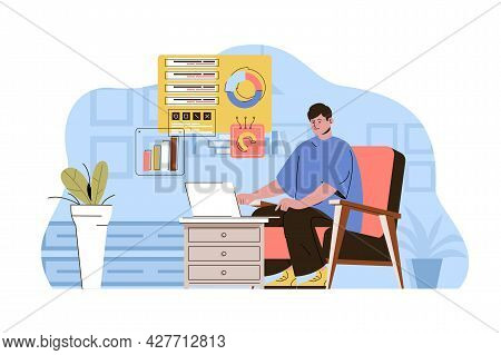 Work From Home Concept. Employee Works Online, Freelance At Home Office Situation. Comfortable Remot