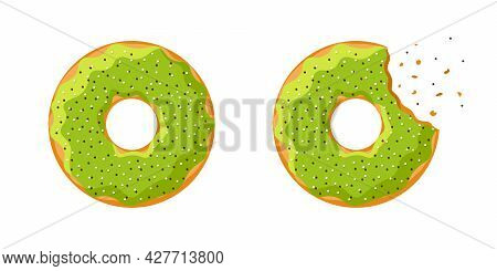 Cartoon Colorful Tasty Donut Whole And Bitten Set Isolated On White Background. Green Glazed Doughnu