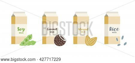 Soy, Almond, Coconut And Rice Cardboard Box Set. Vegetarian Lactose Dairy Free Drink Packaging Colle