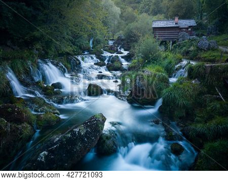 Small Traditional Wooden Water Mill By The Wild River Krupa On Popular Tourist Place Krupa Na Vrbasu