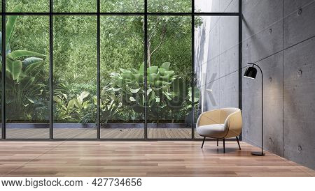 Empty Glass Room With Tropical Green Plant Wall Background 3d Render, There Are Wooden Floor And Con