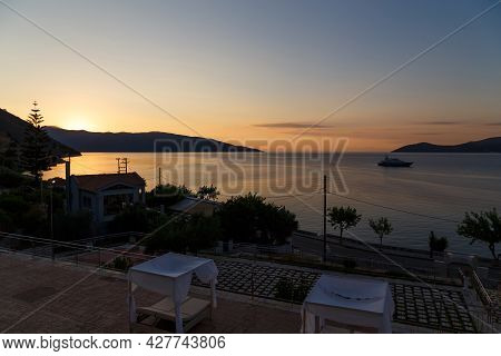 Sunrise at greek island. Beautiful view at Agia Efimia bay early at the morning, Cephalonia island, Greece.