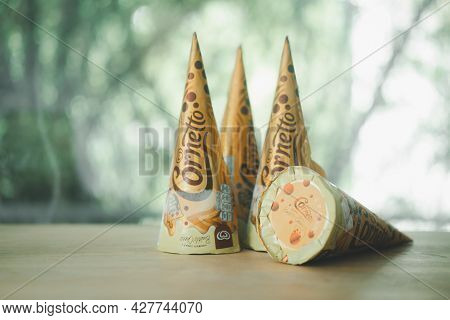 Samut Prakan, Thailand - July 24, 2021 : Wall's Thailand Cornetto Ice Cream Brown Sugar Bubble Chees