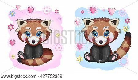 Two Cute Cartoon Red Pands With Beautiful Eyes Among Flowers, Hearts, A Boy And A Girl. Baby Shower