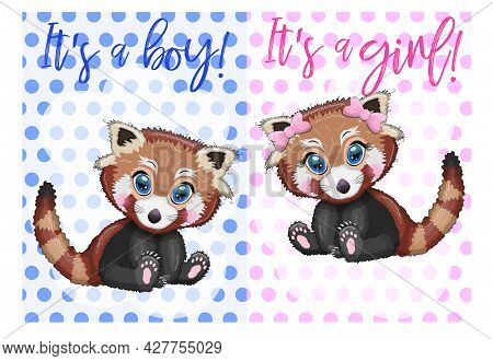 Two Cute Cartoon Red Pands With Beautiful Eyes Among Flowers, Hearts, A Boy And A Girl. Baby Shower