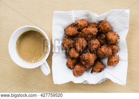 Top View Of Rice Fritters Called Chawal Ke Pakode Made From Leftover Rice, Besan And Curd. Indian Sp