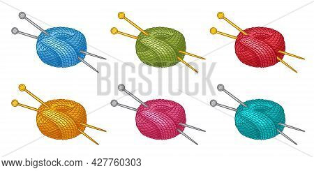 Colorful Skein Of Thread Or Yarn With Knitting Needles Icon Set. Ball Of Wool Filament For Knitted. 