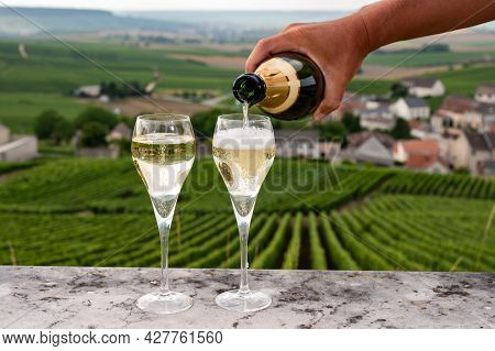Tasting Of Brut And Demi-sec White Champagne Sparkling Wine From Special Flute Glasses With Champagn