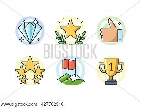 Set Of Line Achievement And Success Icons: Best, Like, Cup, Favourite Symbol. Isolated Colored Vecto