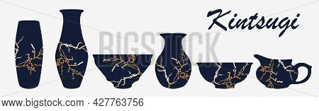 Renovated Kintsugi Japanese Vase Art Color Sketch Engraving Illustration. Kintsugi Inscription