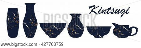 Renovated Kintsugi Japanese Vase Art Color Sketch Engraving Illustration. Kintsugi Inscription