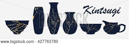 Renovated Kintsugi Japanese Vase Art Color Sketch Engraving Illustration. Kintsugi Inscription