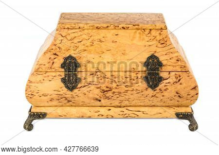 Empty Close Wooden Jewelry Box With Velvet Lining And Vintage Accessories And Clipping Pathon White 