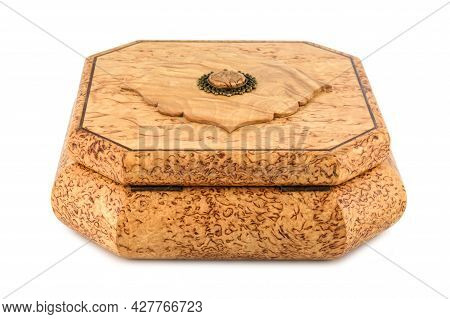 Empty Close Wooden Jewelry Box With Velvet Lining And Vintage Accessories And Clipping Pathon White 