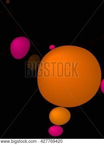 Abstract 3d Illustration Of Group Of Misshapen Circles And Balls In Orange And Pink On Black Backgro