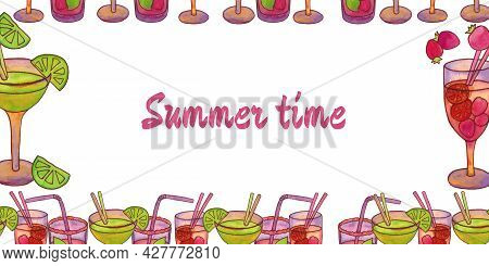 Summer Frame Banner With Cocktails. Place For Inscription. Classic Tropical Cocktails. Mixed Non-alc