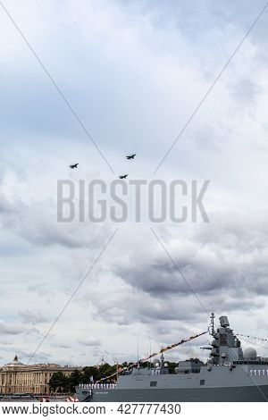 July 22, 2021, Russia, St. Petersburg. A Group Of Anti-submarine Military Aircraft Tu-142m In Parade