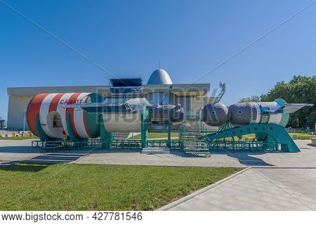 Kaluga, Russia - July 07, 2021: Models Of The Salyut And Soyuz Space Stations In The Park Of The Sta