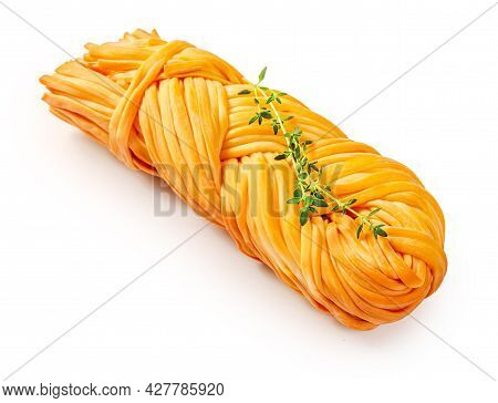 Smoke Chechil Cheese On White Background. Chechil Cheese With Thyme Isolated. Cheese Braid Of Chechi