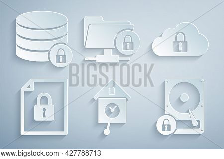 Set Retro Wall Watch, Cloud Computing Lock, Document And, Hard Disk Drive, Ftp Folder And Server Sec
