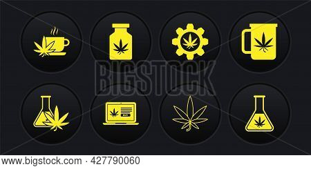 Set Test Tube With Marijuana, Cup Tea, Online Buying, Marijuana Or Cannabis Leaf, Medical Bottle, An