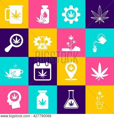 Set Marijuana Plant In Pot, Or Cannabis Leaf, Watering Marijuana, Test Tube With, Magnifying Glass A