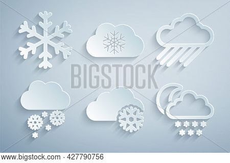 Set Cloud With Snow, Rain, And Moon, And Snowflake Icon. Vector