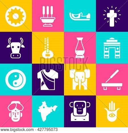 Set Hamsa Hand, Scented Spa Stick, India Gate In Delhi, Indian Shoes, Sitar, Cow, Chakra And Vase Ic