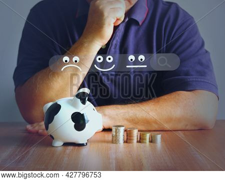 Asian Man With Piggy Bank Coins Stacking Illustration Of Emotion And Search Channel. Man Is Sloving 