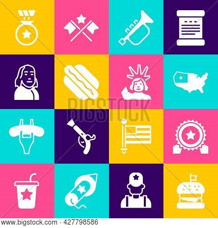 Set Burger, Medal With Star, Usa Map, Trumpet, Hotdog Sandwich, Benjamin Franklin, And Statue Of Lib