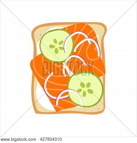 Smoked Salmon On Toast. Flat Hand Drawn Breakfast Illustration Of Sandwich With Lox, Cucumber And On