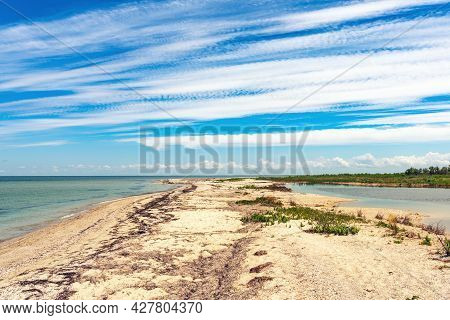 Wild Beautiful Beach On The Dzharylgach Island In The Black Sea.